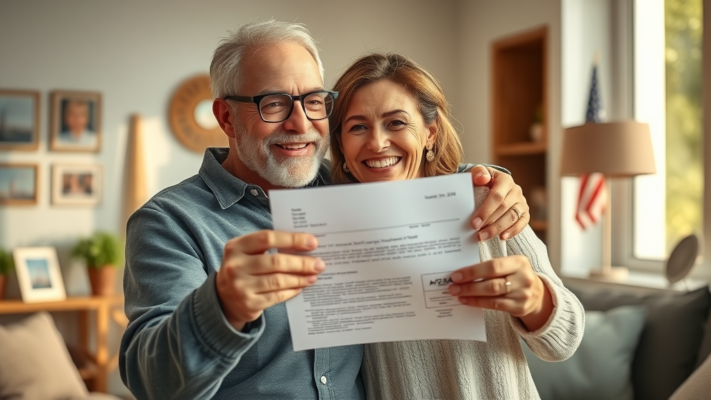 Married couple celebrate marriage-based adjustment approval in living room