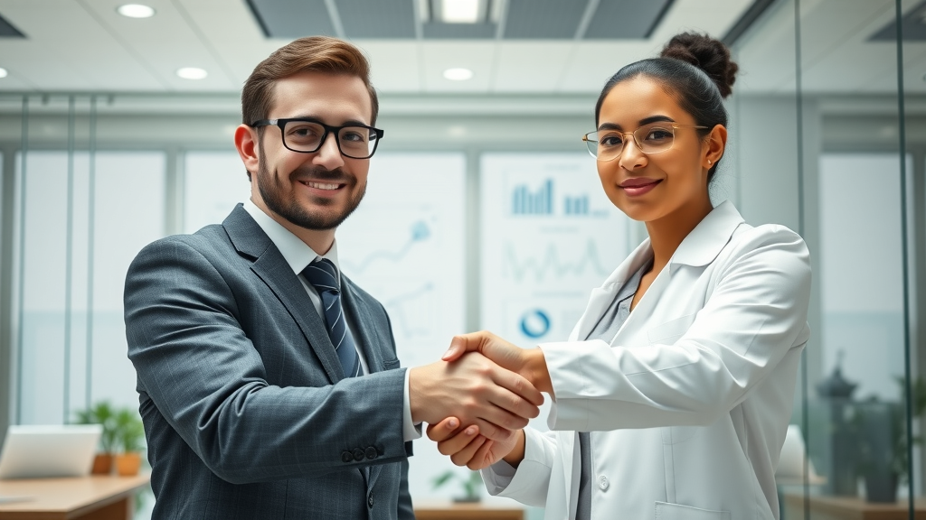 STEM industry law guidance with scientist and lawyer in high-tech office handshake