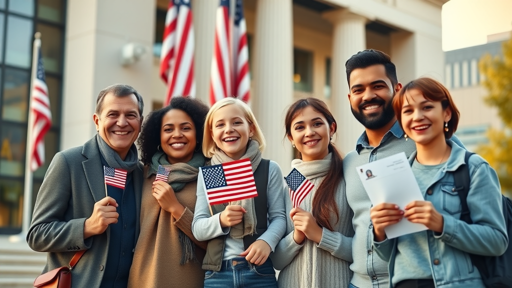 Multi-ethnic family celebrates naturalization citizenship outside courthouse