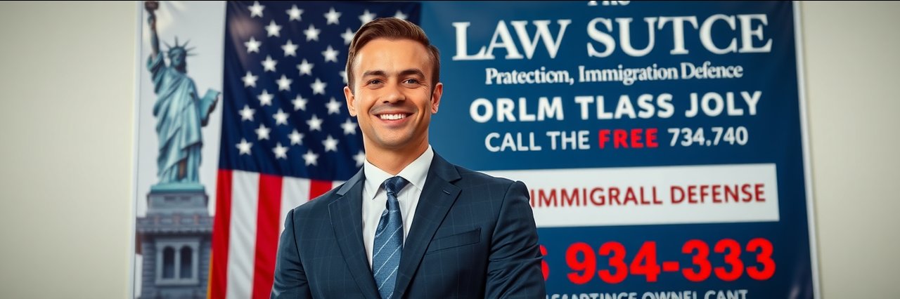 Attorney promoting deportation defense services with American flag and law office branding.