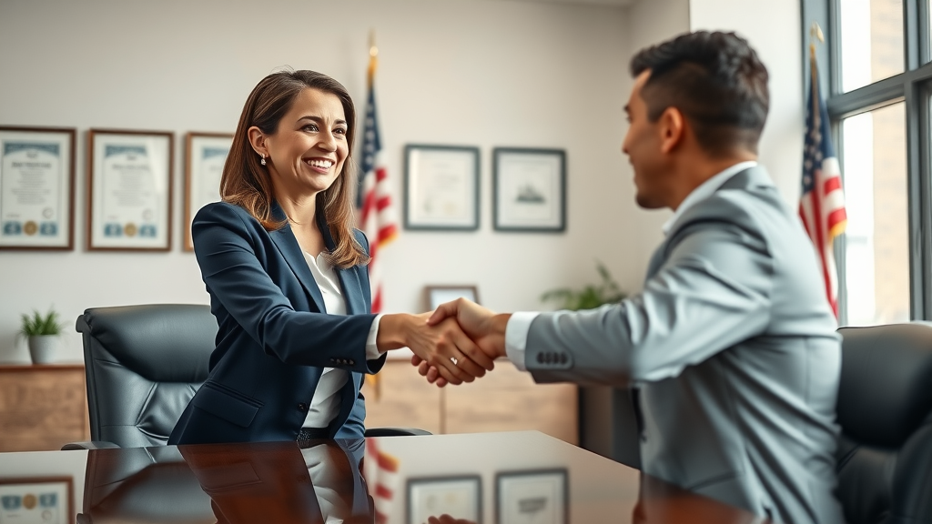 Immigration attorney greeting client during legal consultation, handshake and trust