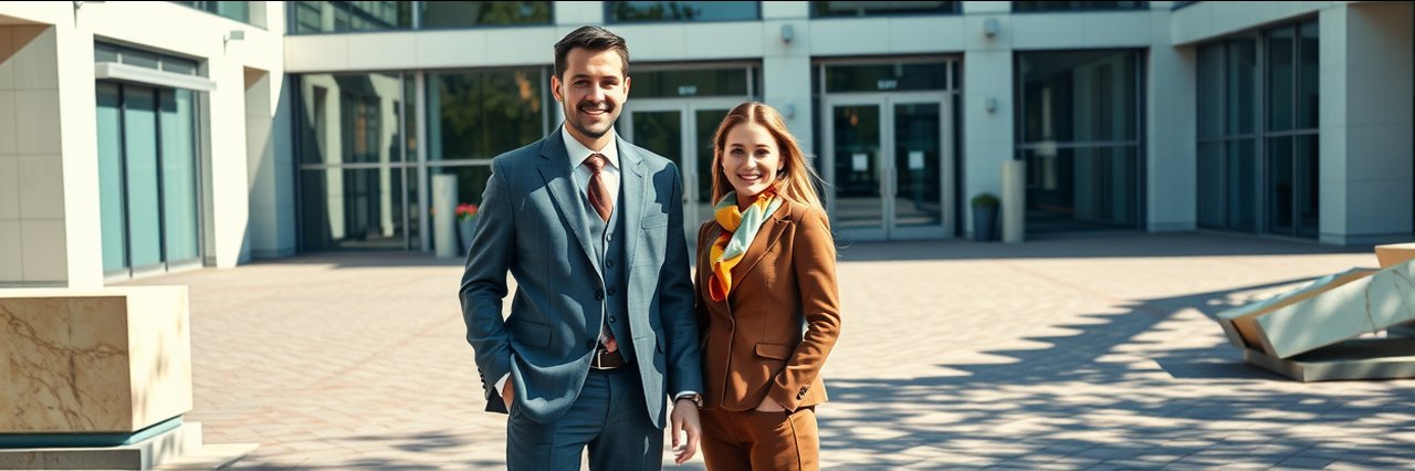 u.s. visa assistance two professionals outside embassy building in sunlight