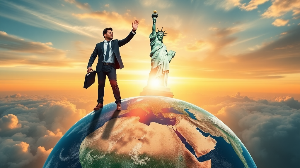 Multicultural professionals atop globe, pathway to Statue of Liberty, eb1a green card
