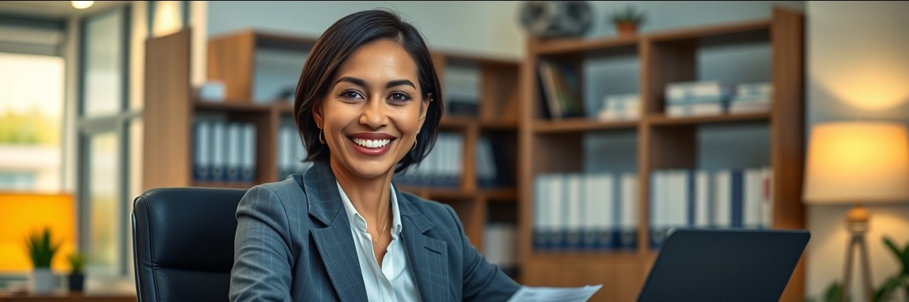 Professional woman in office offering removal proceedings help, motivational atmosphere.