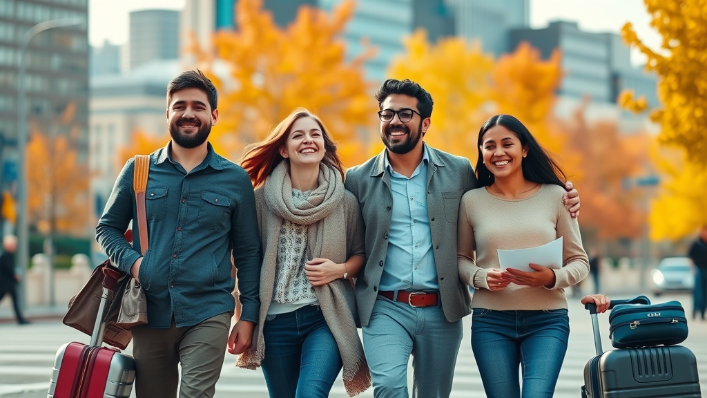 International family walking in US city after securing employment visas