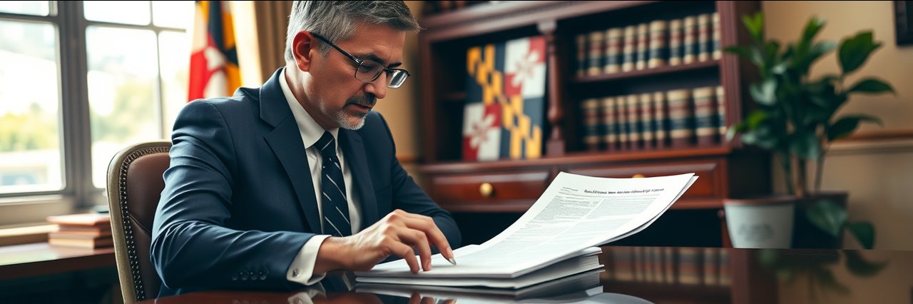 Experienced Maryland immigration lawyer at work in sunlit office, Maryland flag visible.