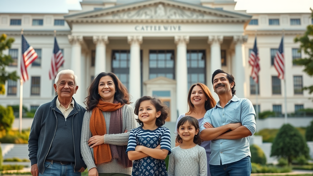 Multicultural family outside U.S. government building representing U.S. citizenship guide.
