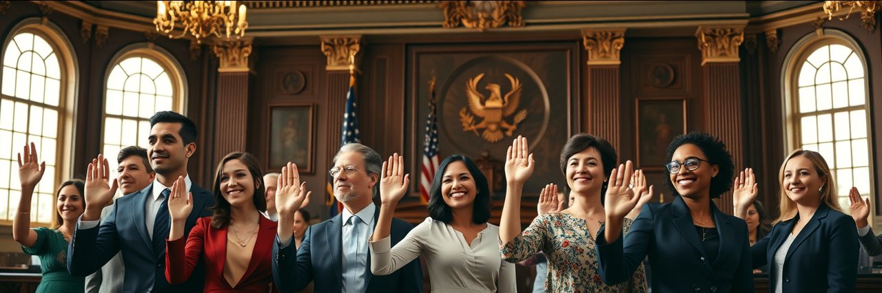 Diverse adults taking naturalization citizenship oath in formal courtroom setting.