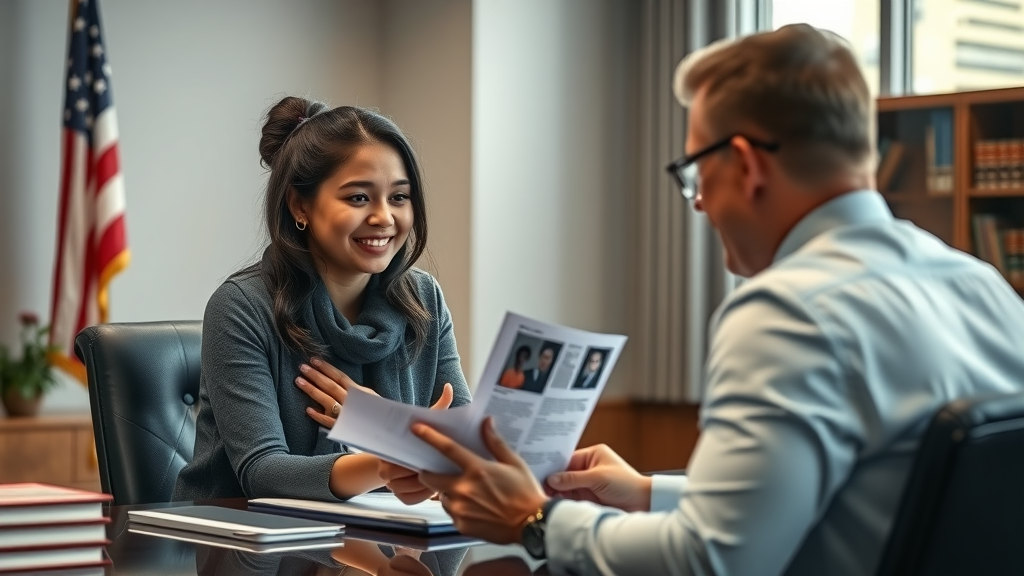 Immigrant woman and attorney discuss asylum application help in bright law office
