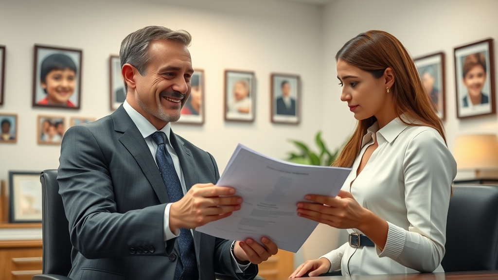 Immigration attorney guides couple through visa process in law office.
