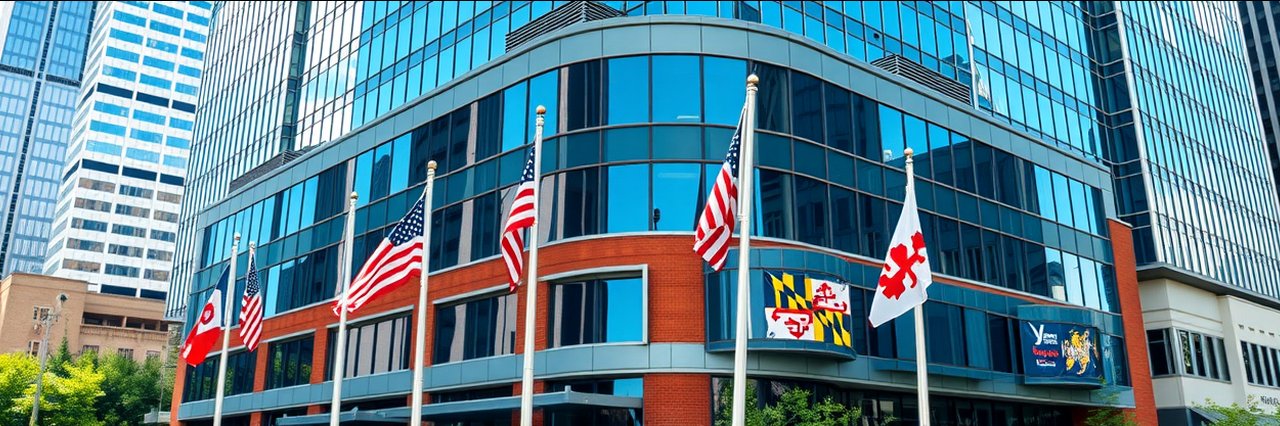 Modern Maryland office building with US and state flags, immigration lawyer.