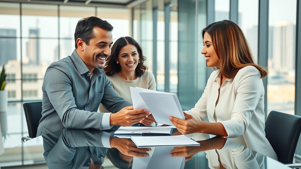Multicultural family and lawyer consult on immigration services in a bright modern office