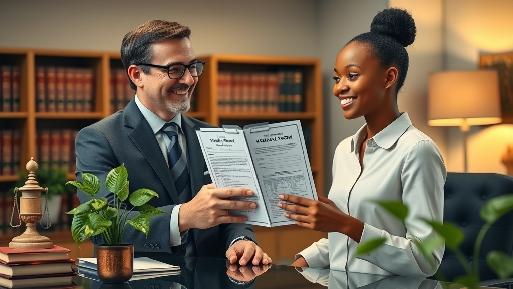 Immigration lawyer assists client with employment visa solutions in office