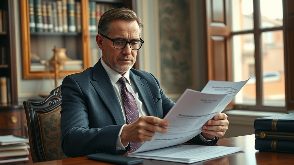 Experienced lawyer analyzing Italian citizenship application at elegant office desk