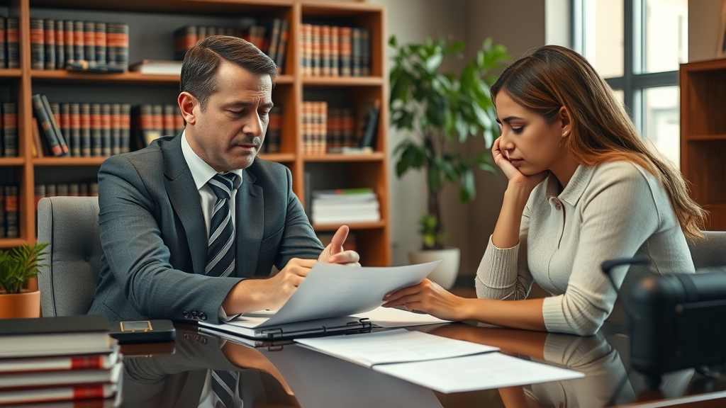 Attorney advises clients on deportation defense services in office