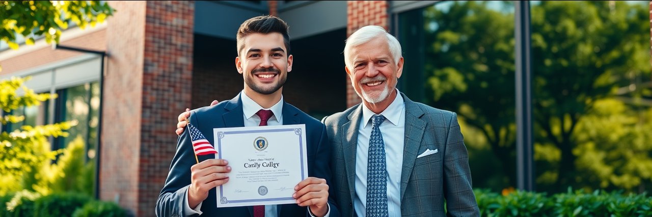 Young man celebrates permanent residency help with certificate and US flag outside building