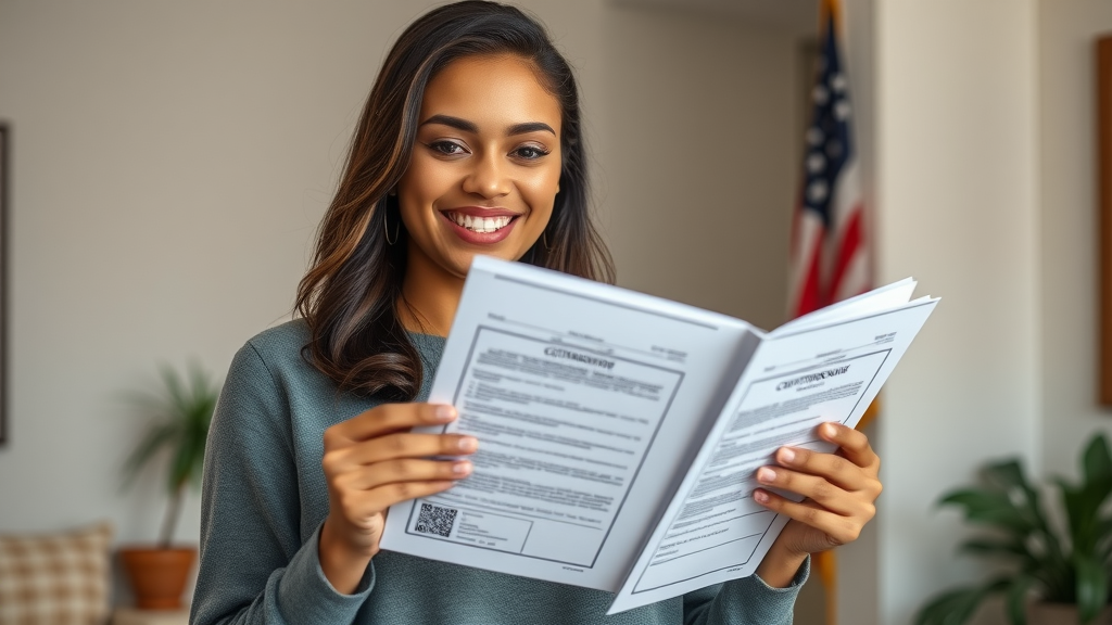 Young woman preparing for naturalization process with U.S. citizenship guide paperwork.