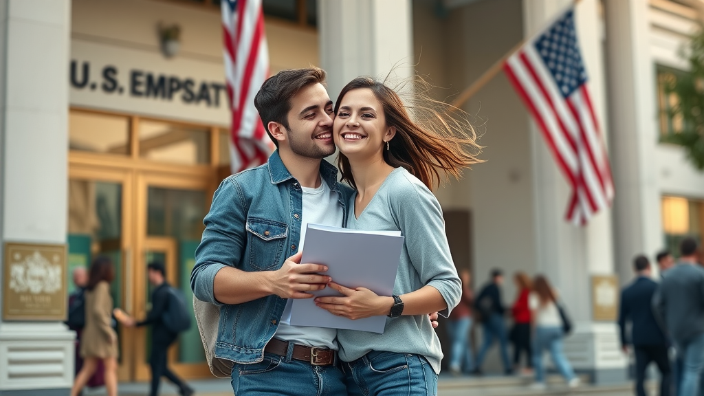 Engaged couple outside U.S. embassy ready for fiancee visa interview
