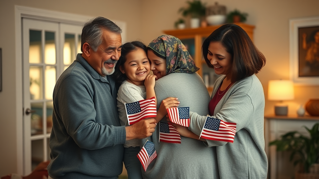 Immigrant family celebrating with naturalization process help at home