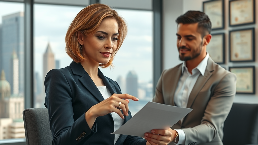 Expert attorney advising business clients on immigration legal services in modern office