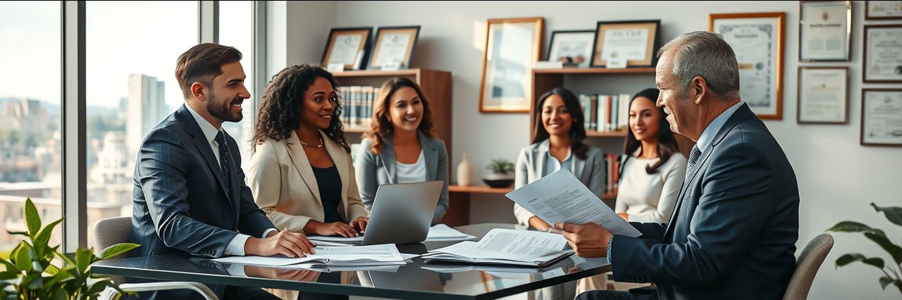 Diverse group consulting an immigration attorney in a bright legal office setting