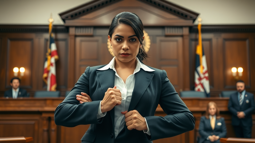 Latina attorney defends client in courtroom using defensa casos criminales.