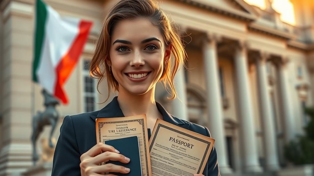 Italian heritage seeker holding passport and documents in front of Italian building