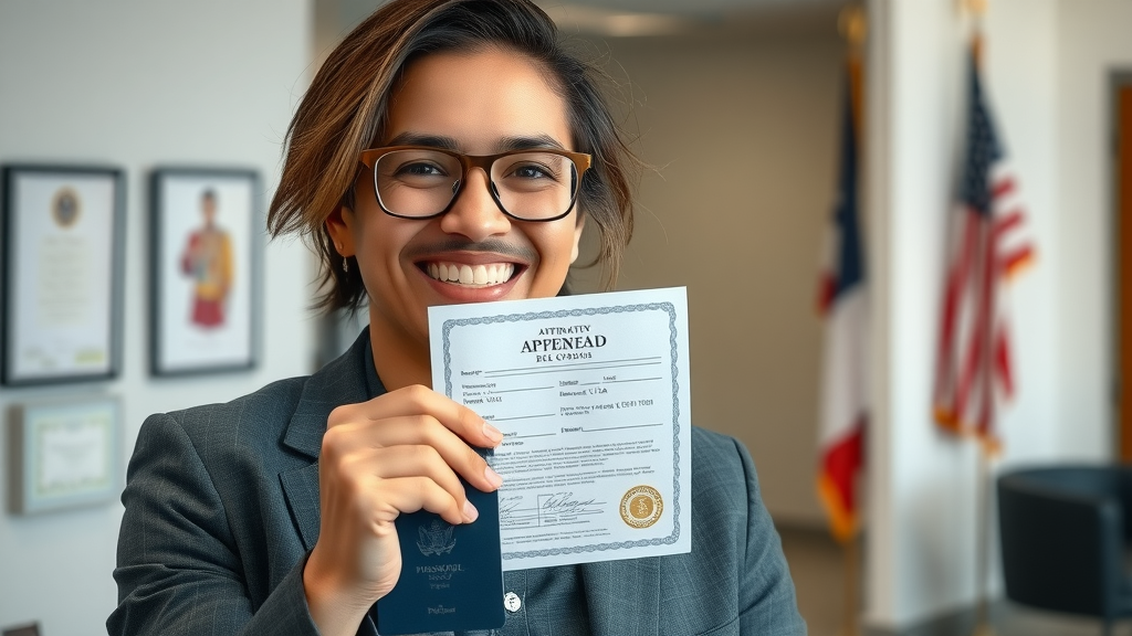 Person celebrating successful U.S. visa assistance, holding passport in law office.