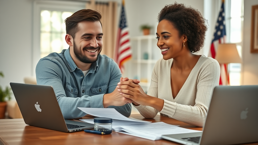 Happy couple preparing fiancee visa paperwork at home office for quick approval