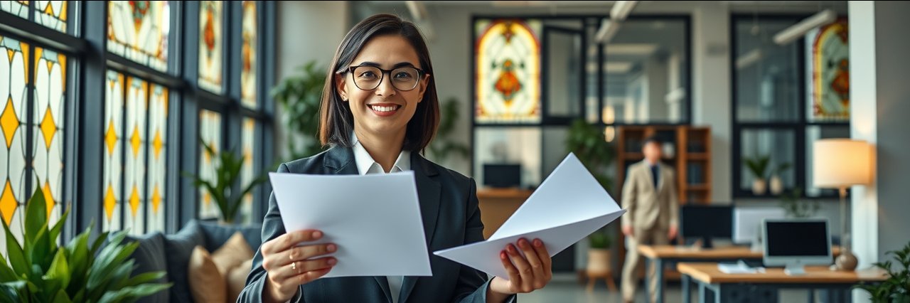 Smiling professional assists with u-visa and vawa assistance in bright office.