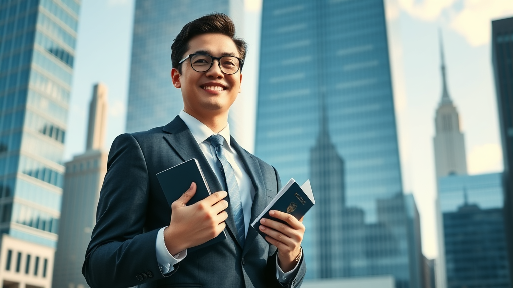 Investor immigration visa businessperson in city near skyscrapers, passport in hand