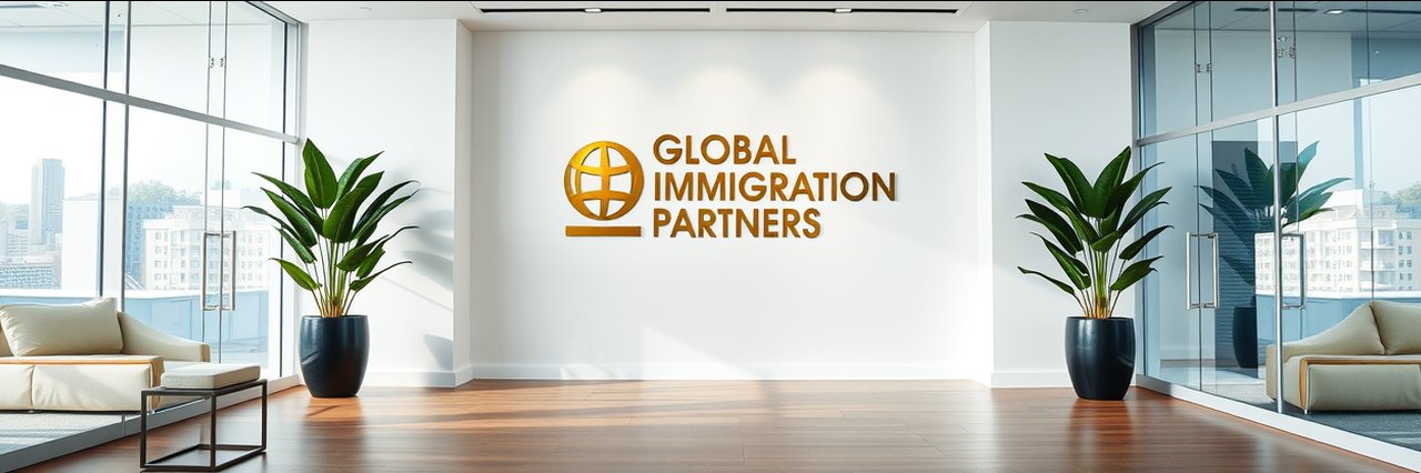 Modern office entry with Global Immigration Partners logo for italian citizenship services.