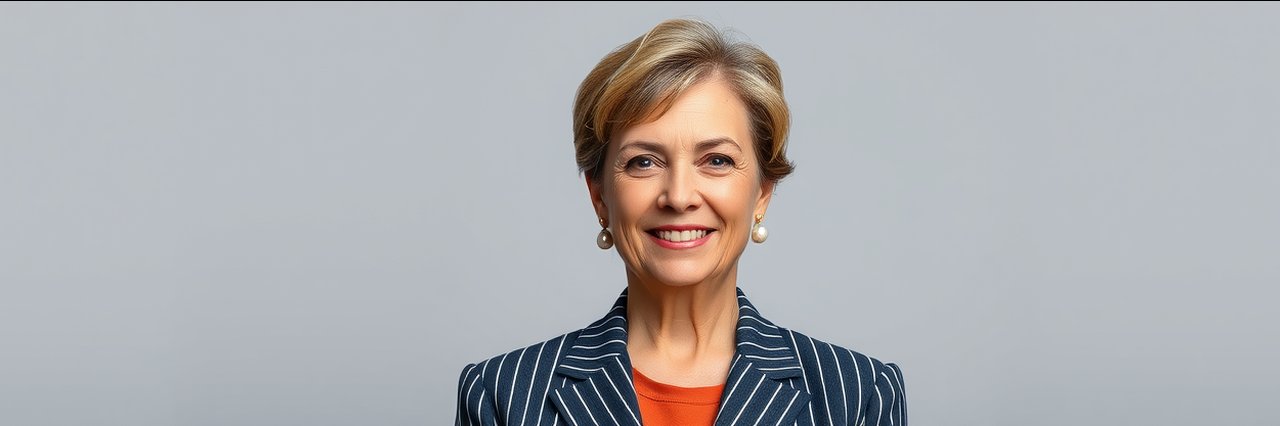 Immigration attorney consultation with professional woman in striped blazer portrait