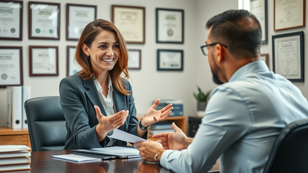 Immigration lawyer guides client through naturalization process in professional law office.