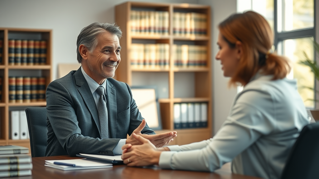 Immigration attorney consultation in modern office with client, natural lighting