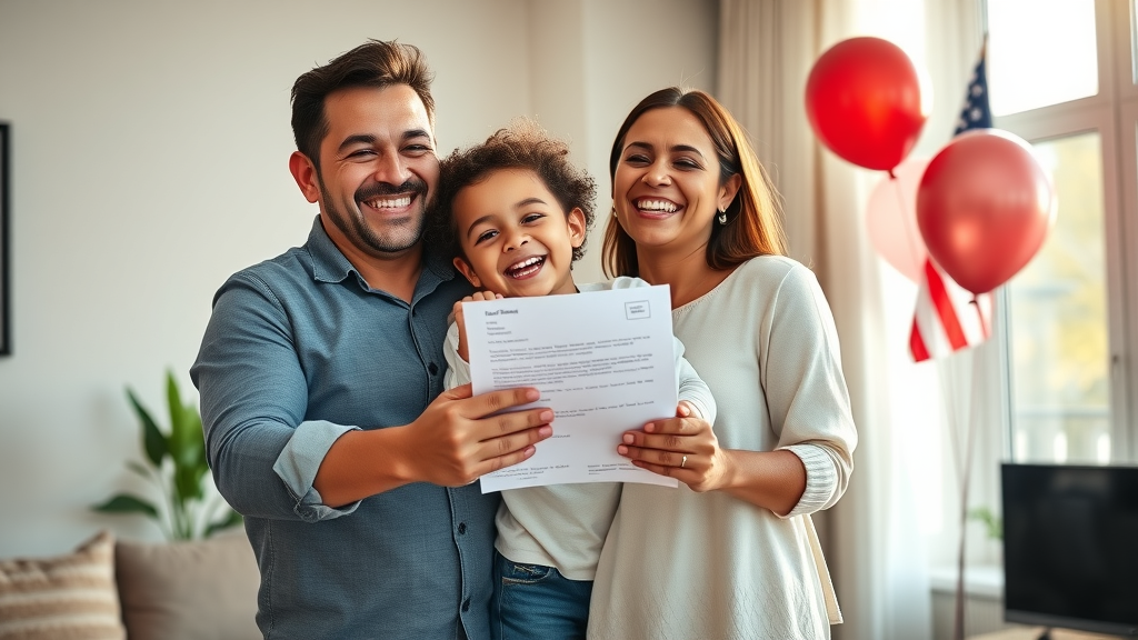 Multicultural family celebrates U.S. citizenship approval, naturalization process success.