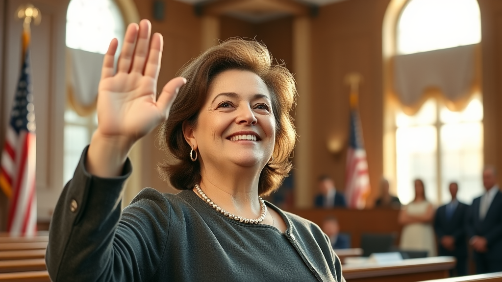 Immigrant woman takes naturalization citizenship oath in a bright courtroom