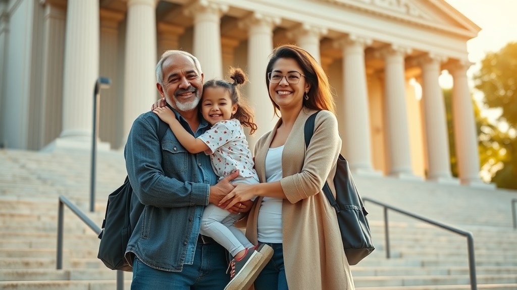 Family celebrates reunion after federal immigration appeals on courthouse steps.