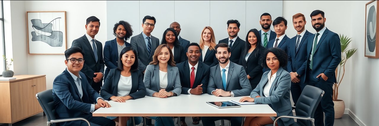Federal immigration appeals legal team in a modern office, diverse group smiling in business attire.