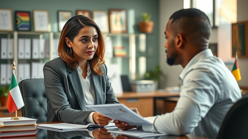Immigration attorney consulting diverse client in detailed legal setting.