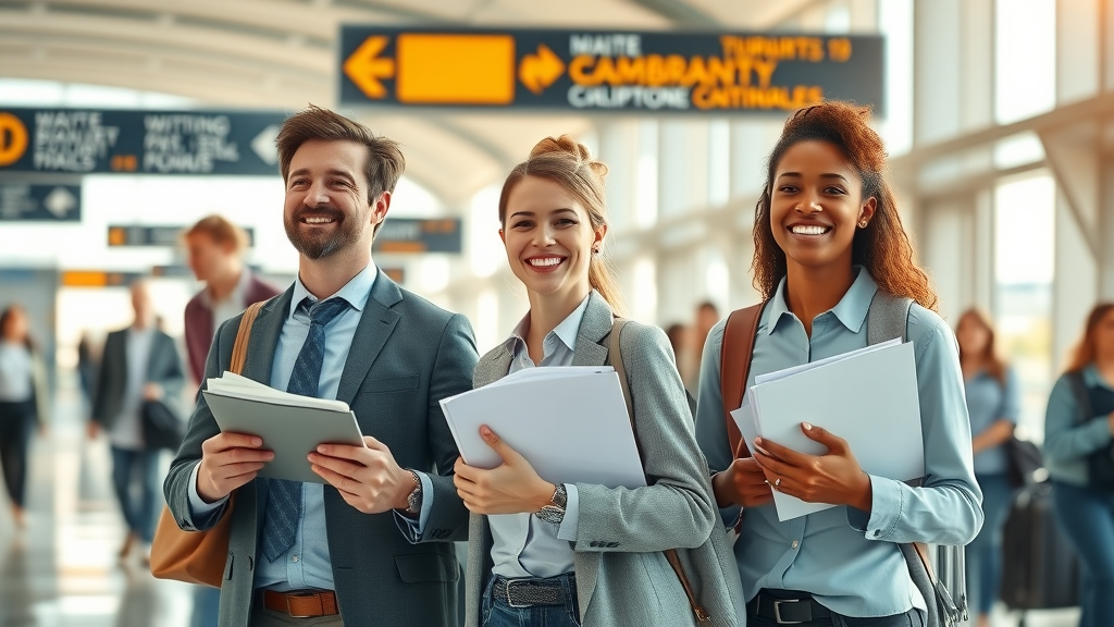 Diverse professionals smiling with documents at airport for employment visa solutions