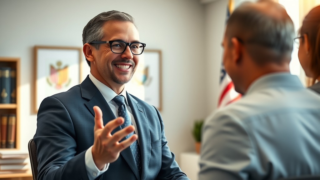 Immigration lawyer advising clients on U.S. citizenship guide in office setting.
