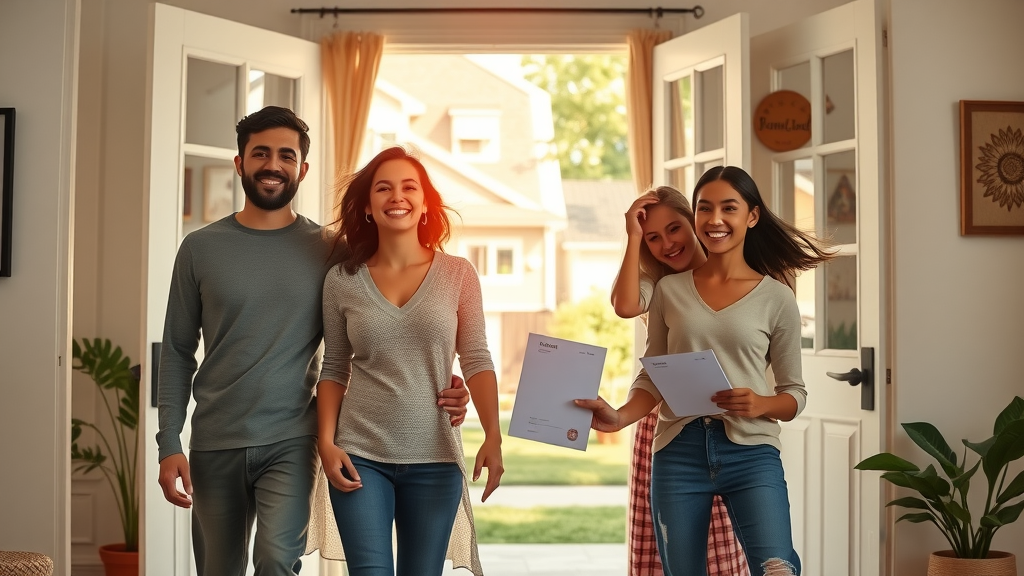 Diverse family embracing at open door, starting green card journey in America