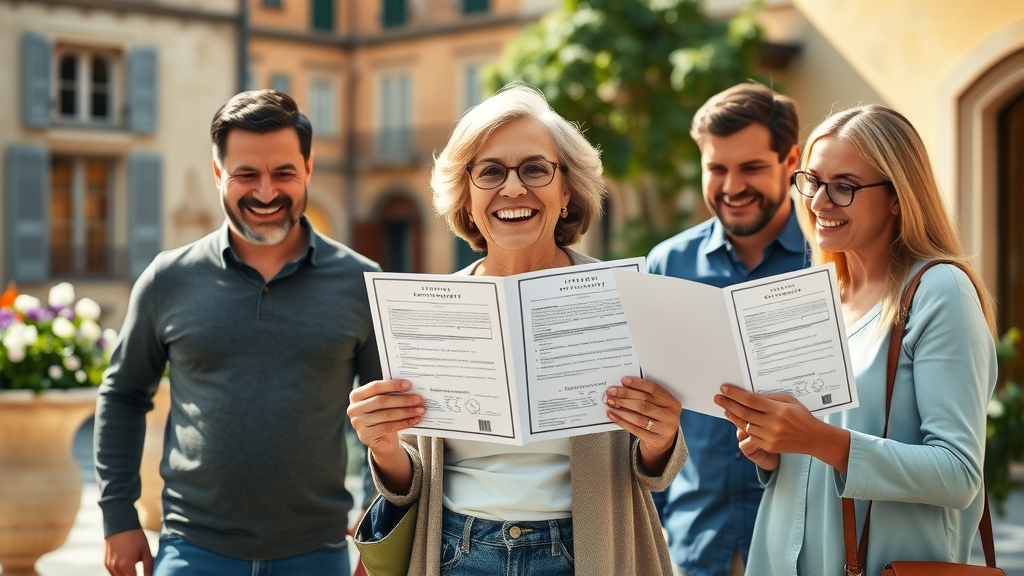 Family celebrating Italian citizenship approval with documents in Italian courtyard