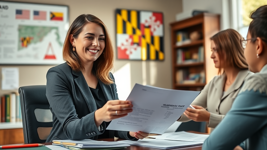 Maryland immigration lawyer consulting family with visa paperwork in office