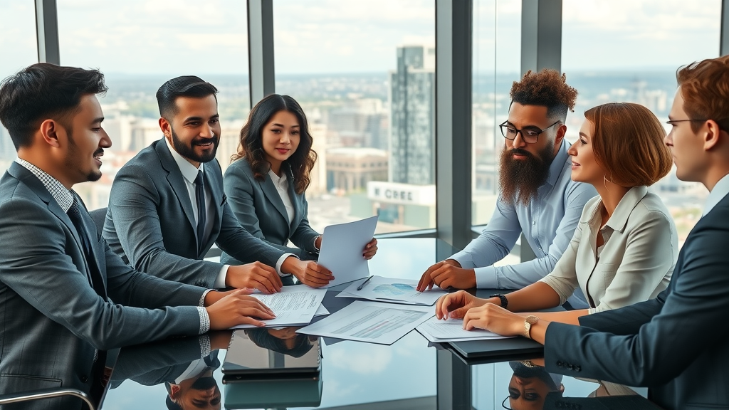 Diverse team planning corporate immigration strategies in a modern office
