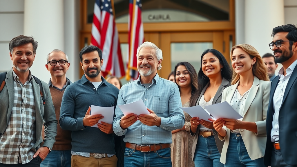 Hopeful immigrants receiving naturalization process help outside courthouse