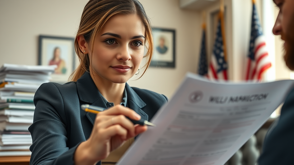 Attorney assists couple with nationwide immigration services documents in legal office