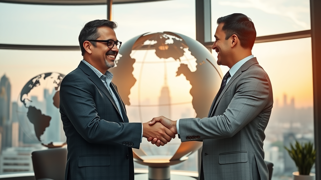 Investor immigration visa handshake between entrepreneur and advisor in global office