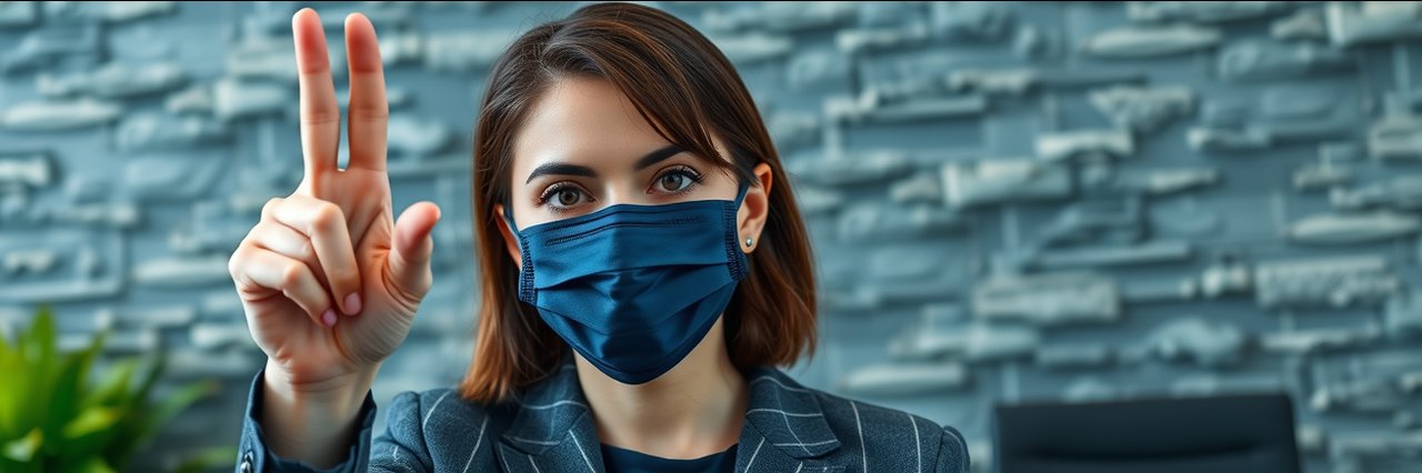 Professional woman in office mask supports deportation defense strategies.